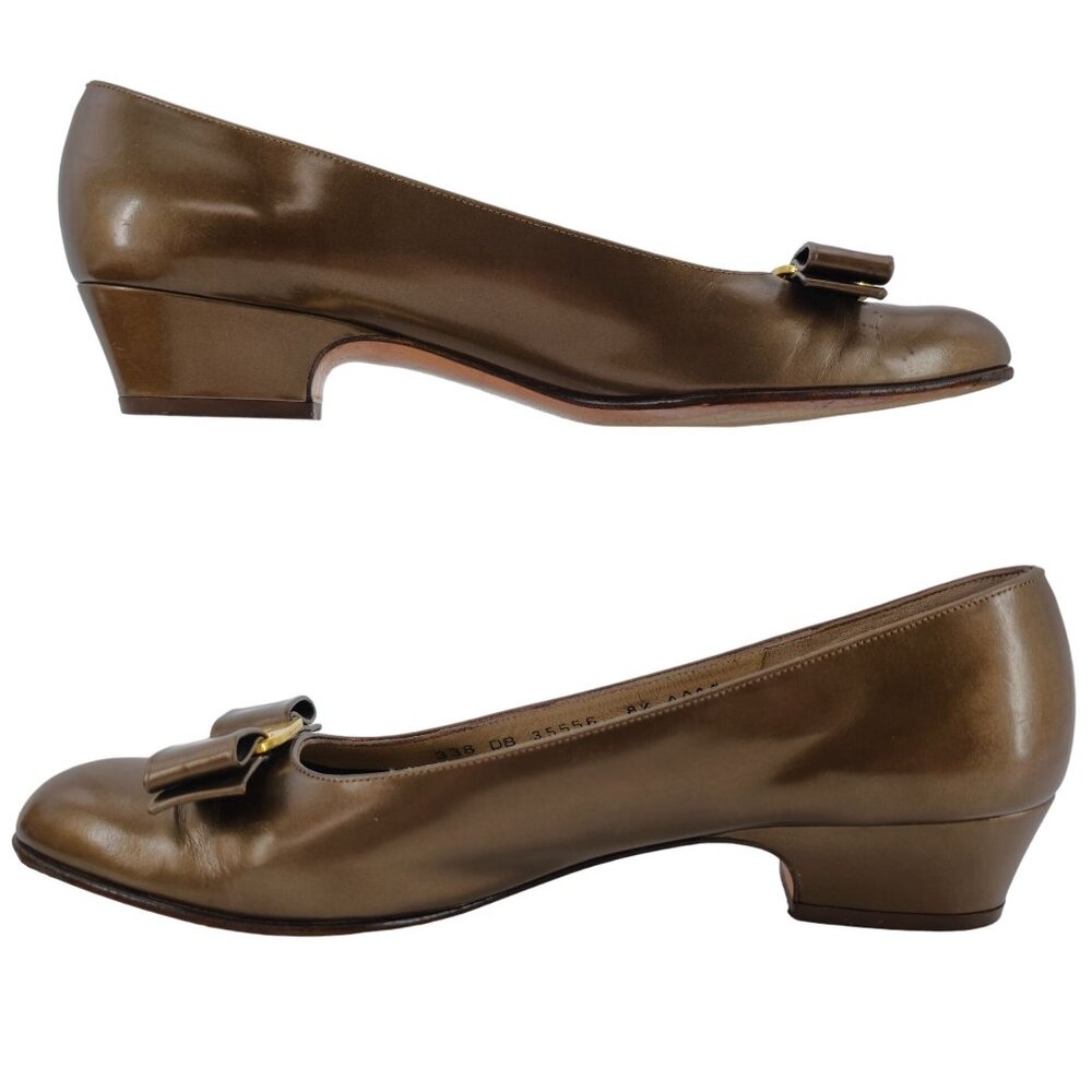 Vintage Salvatore Ferragamo Bronze Vara Bow Pumps Womens 8.5 Dress Shoes Italy - Picture 7 of 13